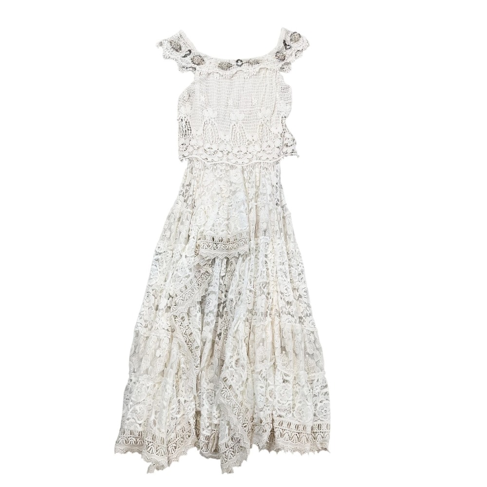 Boston Proper White Lace Beaded Off Shoulder Tiered High Low Dress Boho MEDIUM